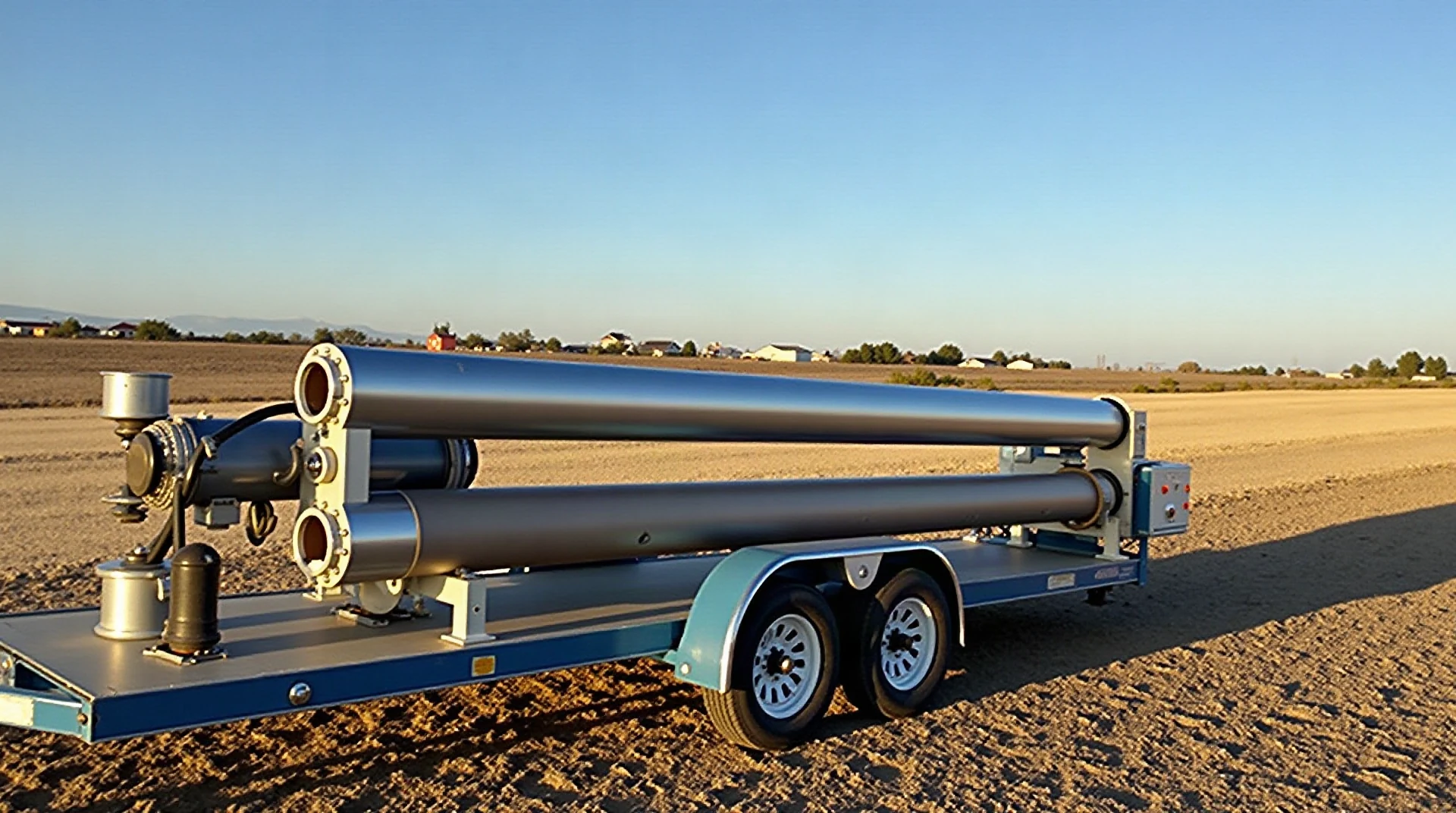 Photograph of a long seamless aluminum rain gutter being formed by a portable gutter machine on a trailer beside a Montana home, coiled metal feeding through ro
